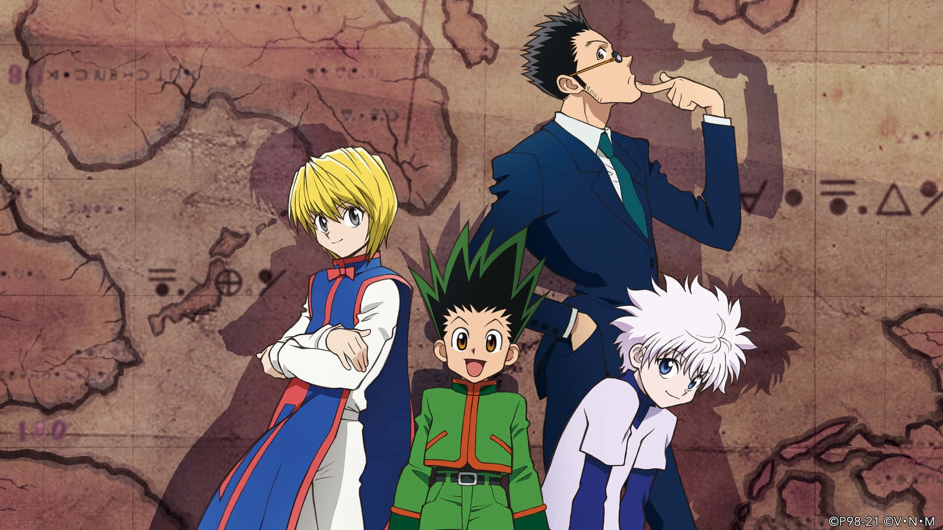 Gon, Killua, Kurapika, and Leorio from Hunter x Hunter standing in front of a sepia map