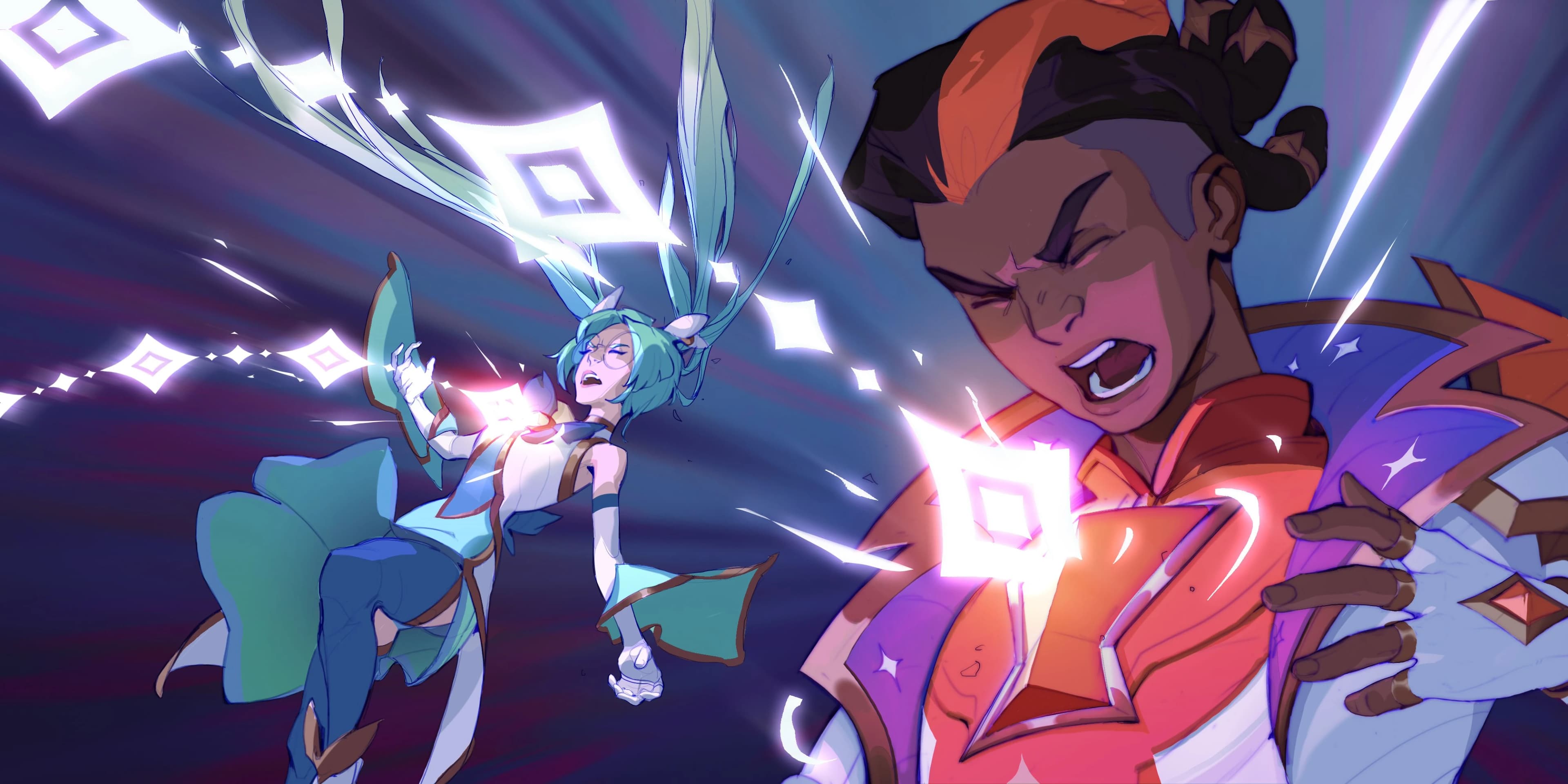 Ekko and Sona surrounded by magical light in League of Legends artwork